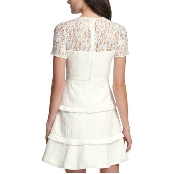 Kensie White Dress Size 14 Lace Top Tiered Pleated Ribbon Short Sleeves - Picture 2 of 14